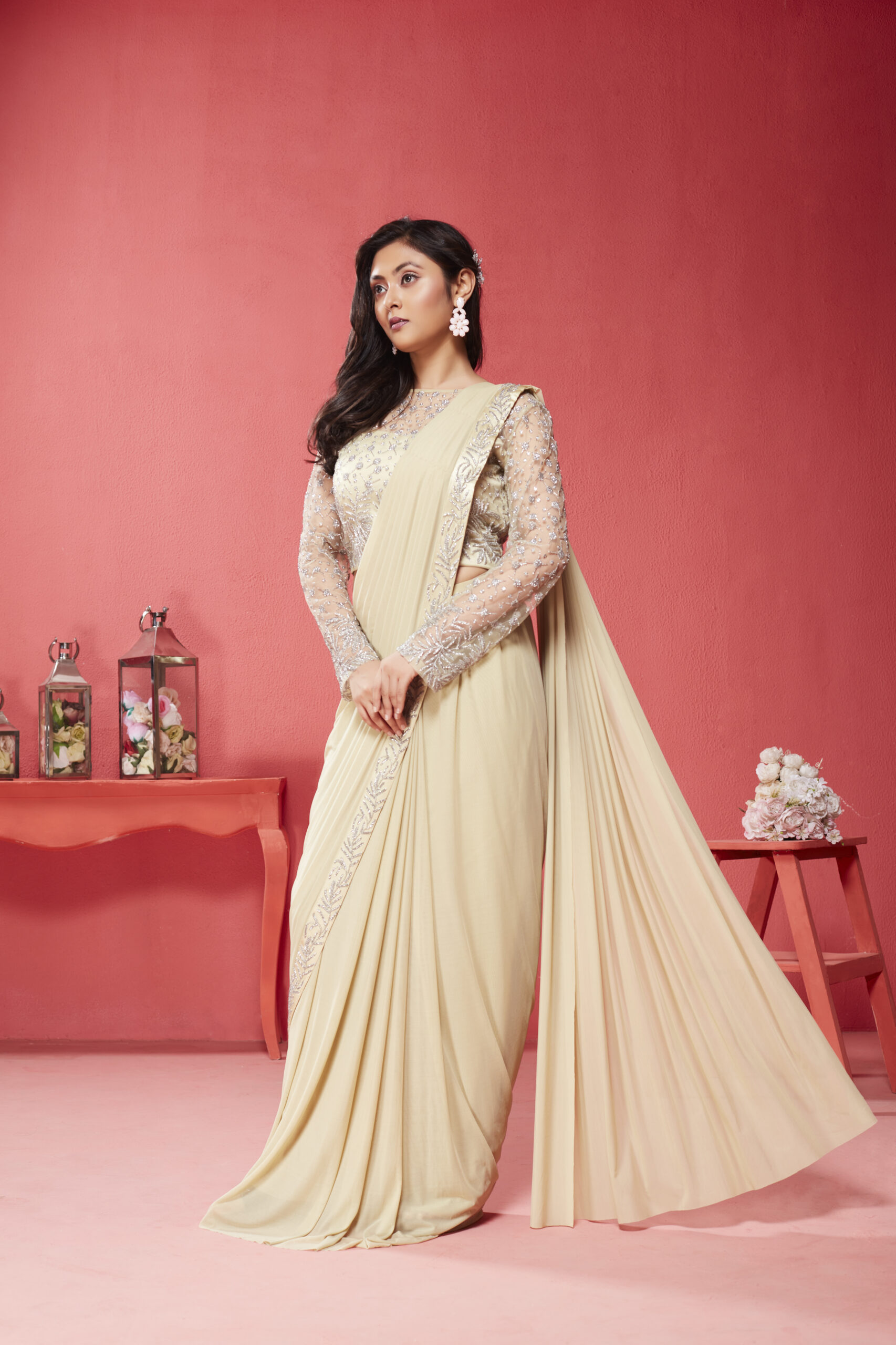 Silk Satin Sequence Work Ready to Wear Saree with stitched Blouse SR00430348