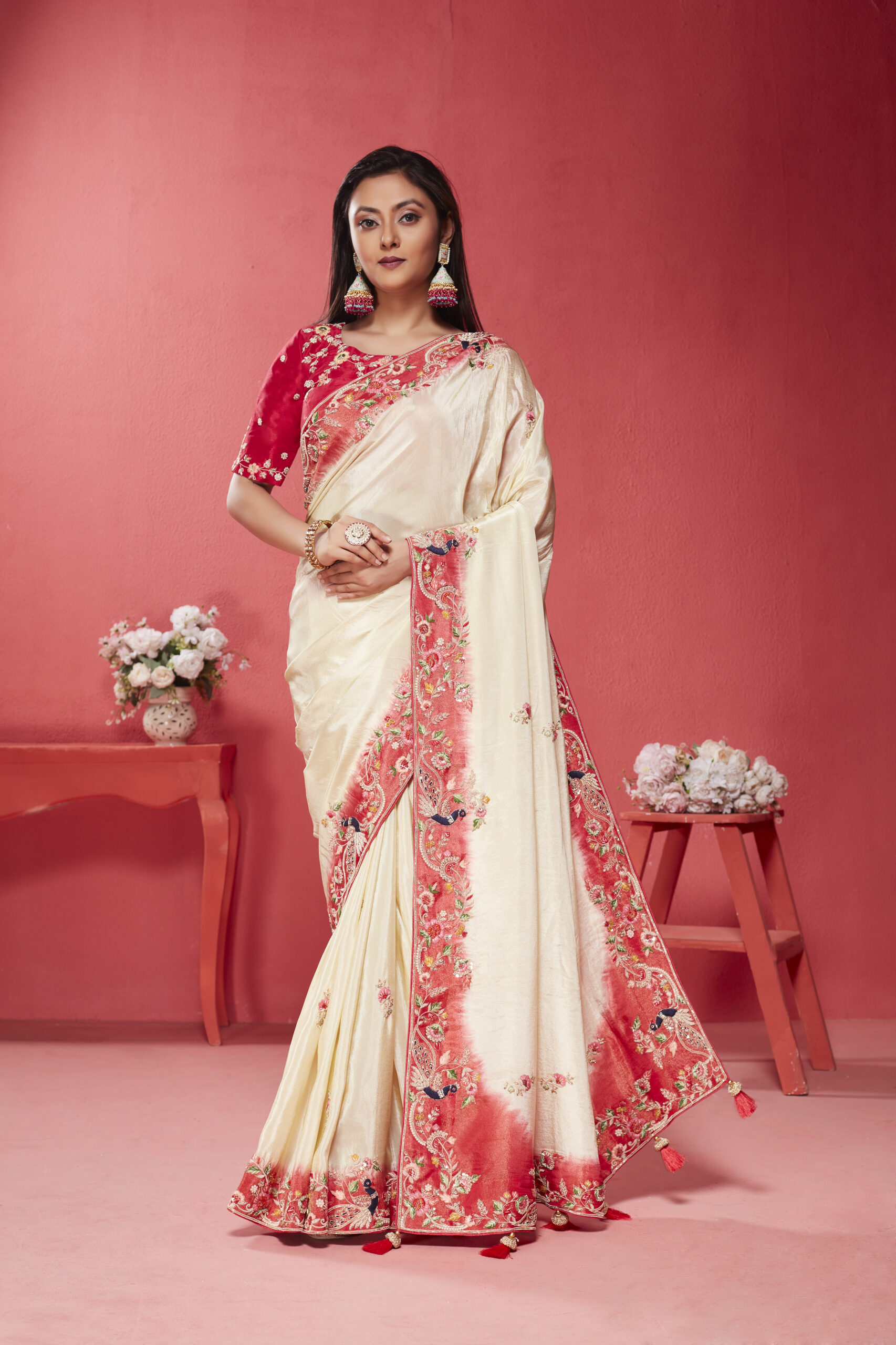 Gold Zari Tissue Saree with Red Border – ShopBollyWear.Com